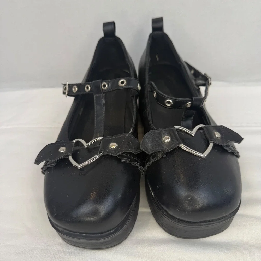 Black Gothic Heart T-Strap Platform Mary Jane Bat Wing Shoes Punk Goth Chunky